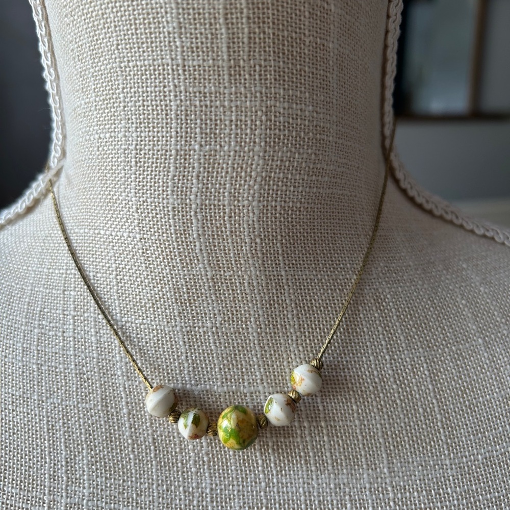 Elegant yellow dress and Green Beaded Necklace